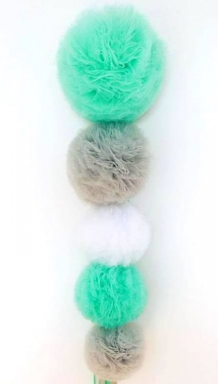 Tyll Pompoms sett (Tyllballer)- grå/mint/hvit