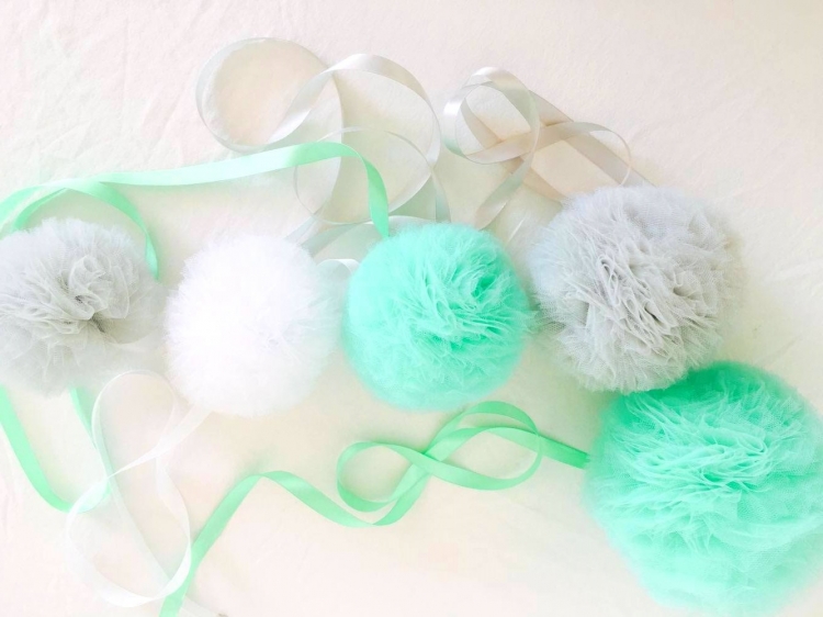 Tyll Pompoms sett (Tyllballer)- grå/mint/hvit - Bilde 2