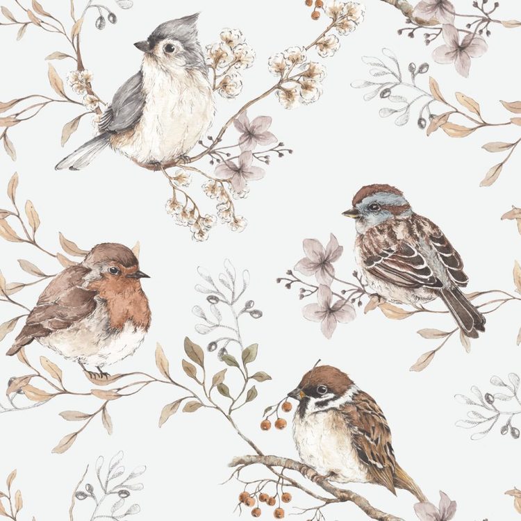 Dekornik, tapet Birds White-Grey