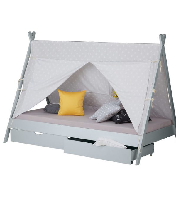 Grå husseng tipi med gardin og oppbevaringsskuffer 90x200