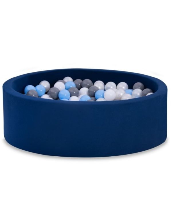 Mørkeblå ballhav BASIC, 90x30 med baller (babyblå, grå, perle, hvit)