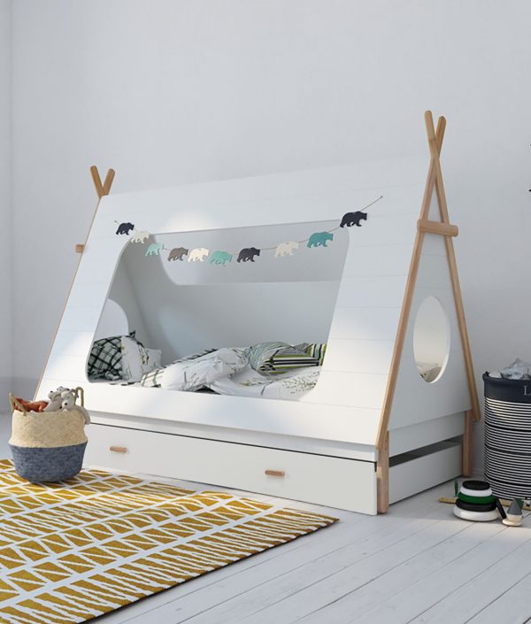 Hvit husseng tipi 90x200 med oppbevaringsskuffer