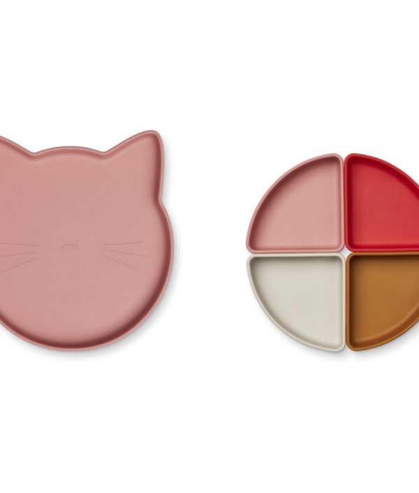 Liewood, Arne silikontallrik med rom, Cat dusty raspberry multi mix
