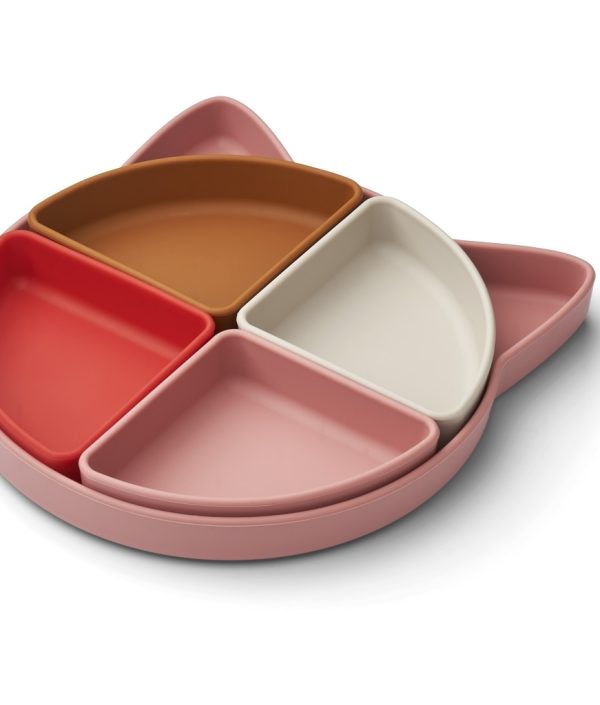 Liewood, Arne silikontallrik med rom, Cat dusty raspberry multi mix