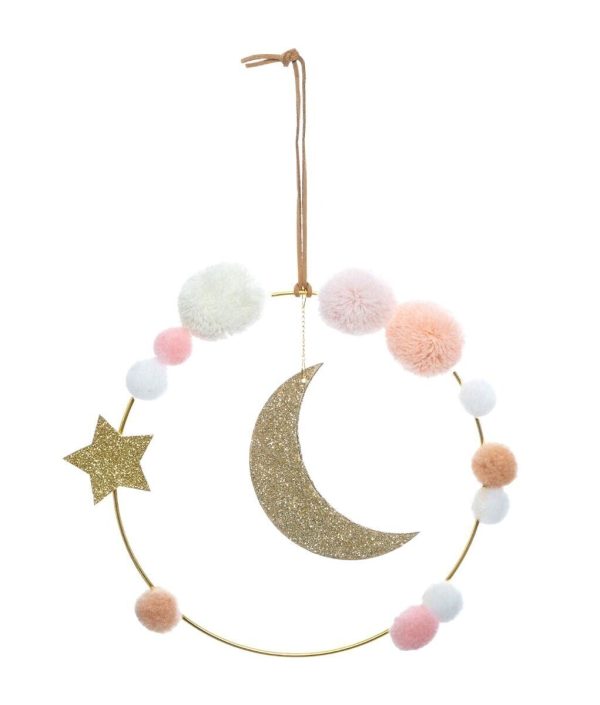 Veggdekorasjon glitter måne med pompom