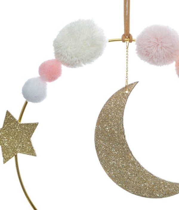 Veggdekorasjon glitter måne med pompom