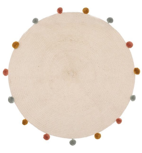 Rund teppe med pompom, beige
