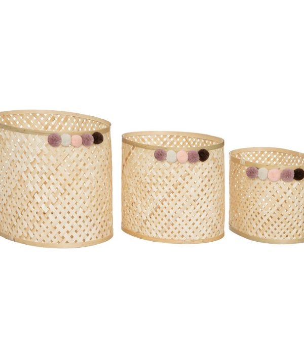 Oppbevaringskurv med pompom bambus, 3-pack