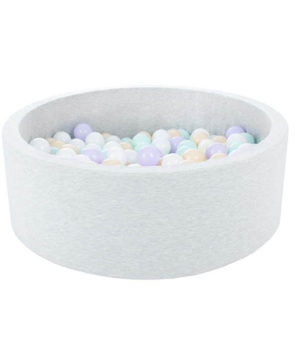 Lysgrå ballbad BASIC, 90x30 med baller (hvit, lilla, beige, mint)