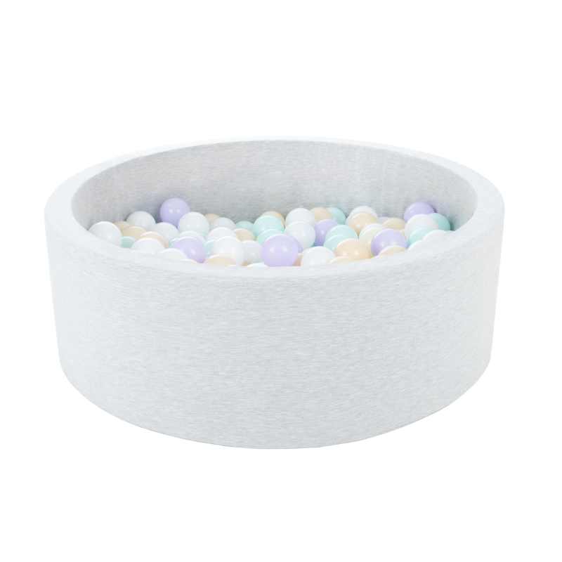 Lysgrå ballbad BASIC, 90x30 med baller (hvit, lilla, beige, mint)