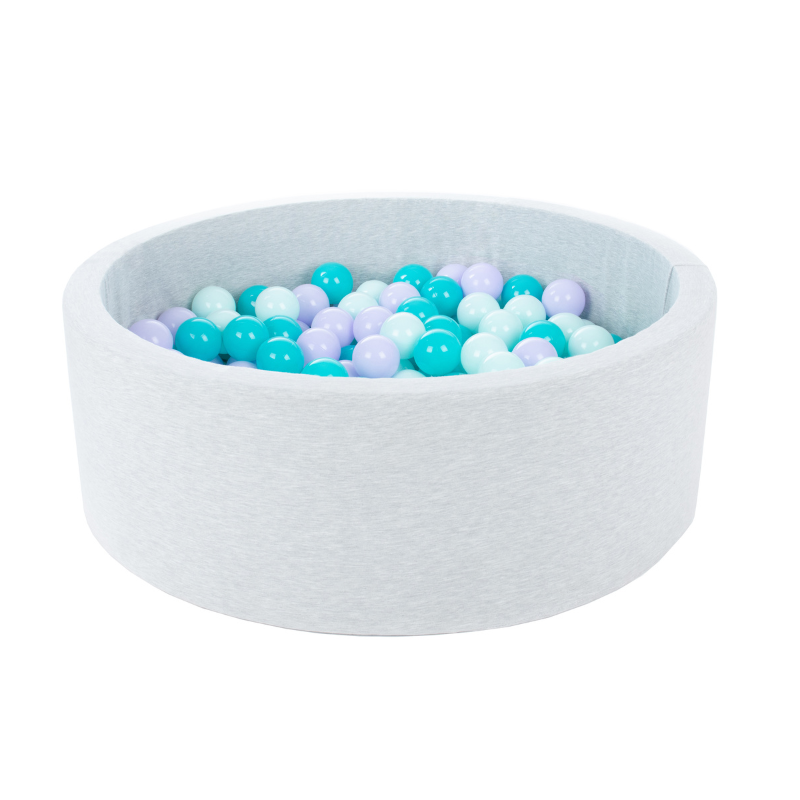 Lysgrå ballbad BASIC, 90x30 med baller (lilla, turkis, mint)