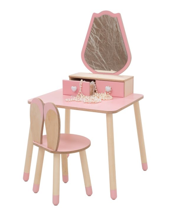 Sminkesbord tulipan med kaninsstol, rosa/natur