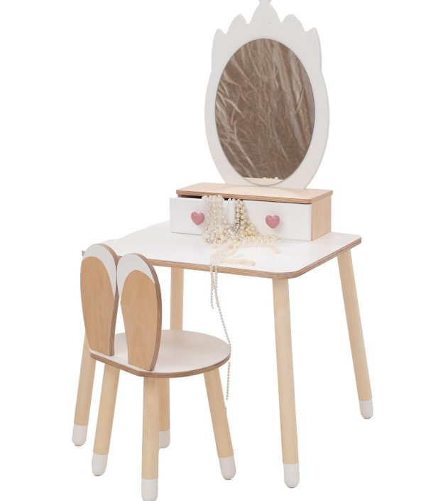Sminkebord krona med kaninstol, hvit/natur