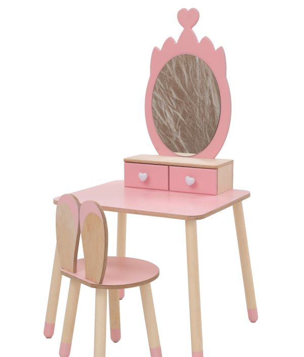 Sminkebord krona med kaninestol, rosa/natur
