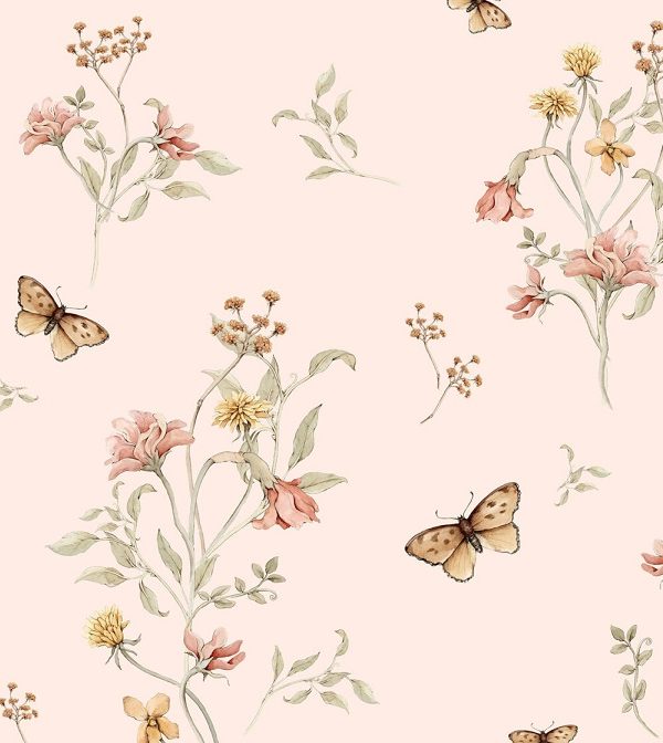 Dekorillo, tapet Flowers and butterflies rosa