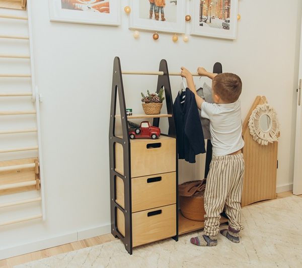 Duck Woodworks, garderobe kleshenger med skuffer, svart/natur