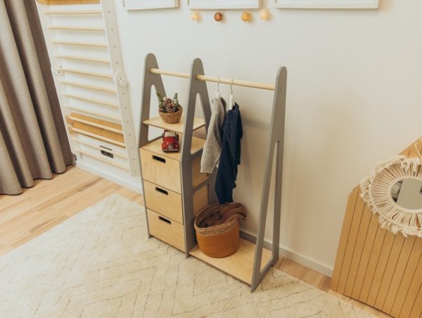 Duck Woodworks, garderobe klestang med skuffer, grå/natur