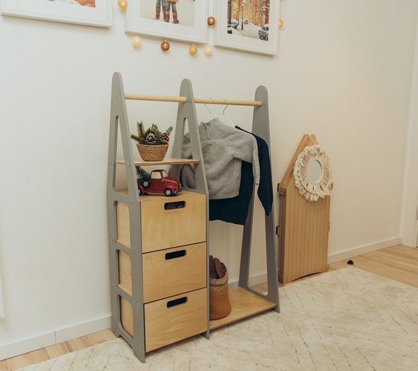Duck Woodworks, garderobe klestang med skuffer, grå/natur