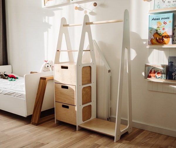 Duck Woodworks, garderobe kleshenger med skuffer, hvit/natur