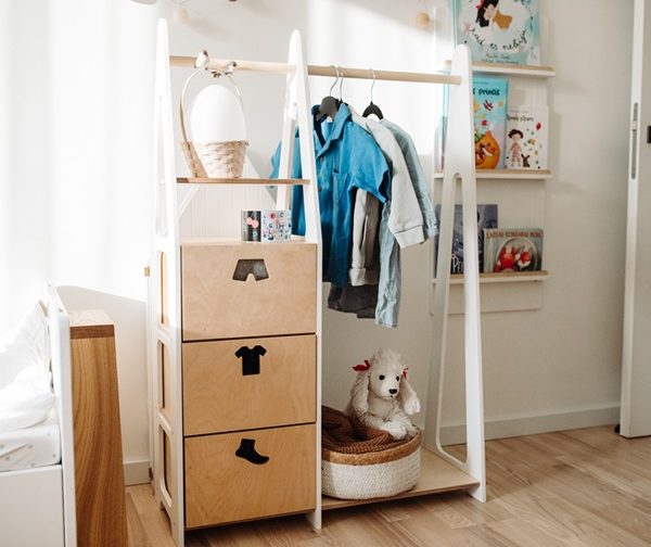 Duck Woodworks, garderobe klestang med skuffer Clothes, hvit/natur