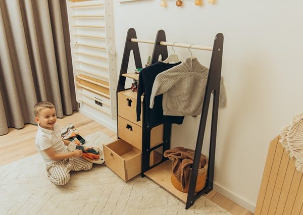Duck Woodworks, garderobe klesdang med skuffer Clothes, svart/natur