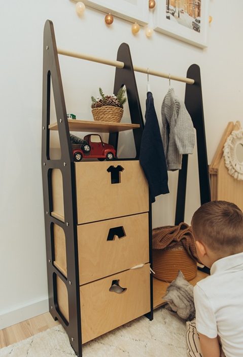 Duck Woodworks, garderobe klesdang med skuffer Clothes, svart/natur