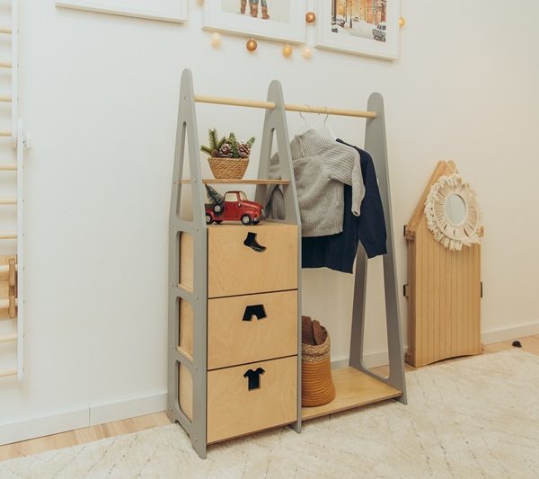 Duck Woodworks, garderobe klestang med skuffer Clothes, grå/natur
