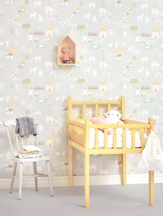Majvillan, tapet til barnerommet My farm, soft grey