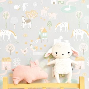 Majvillan, tapet til barnerommet My farm, soft grey