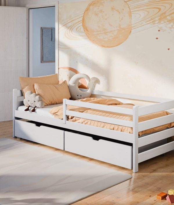 Hvit barneseng Liora 90x200 med oppbevaringsskuffer